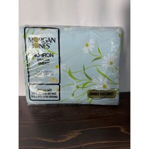 Vintage Morgan Jones Dainty Daisies Double Flat Sheet Blue Floral Percale USA
